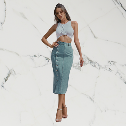 Button Irregular Slit denim High Waist Skirt