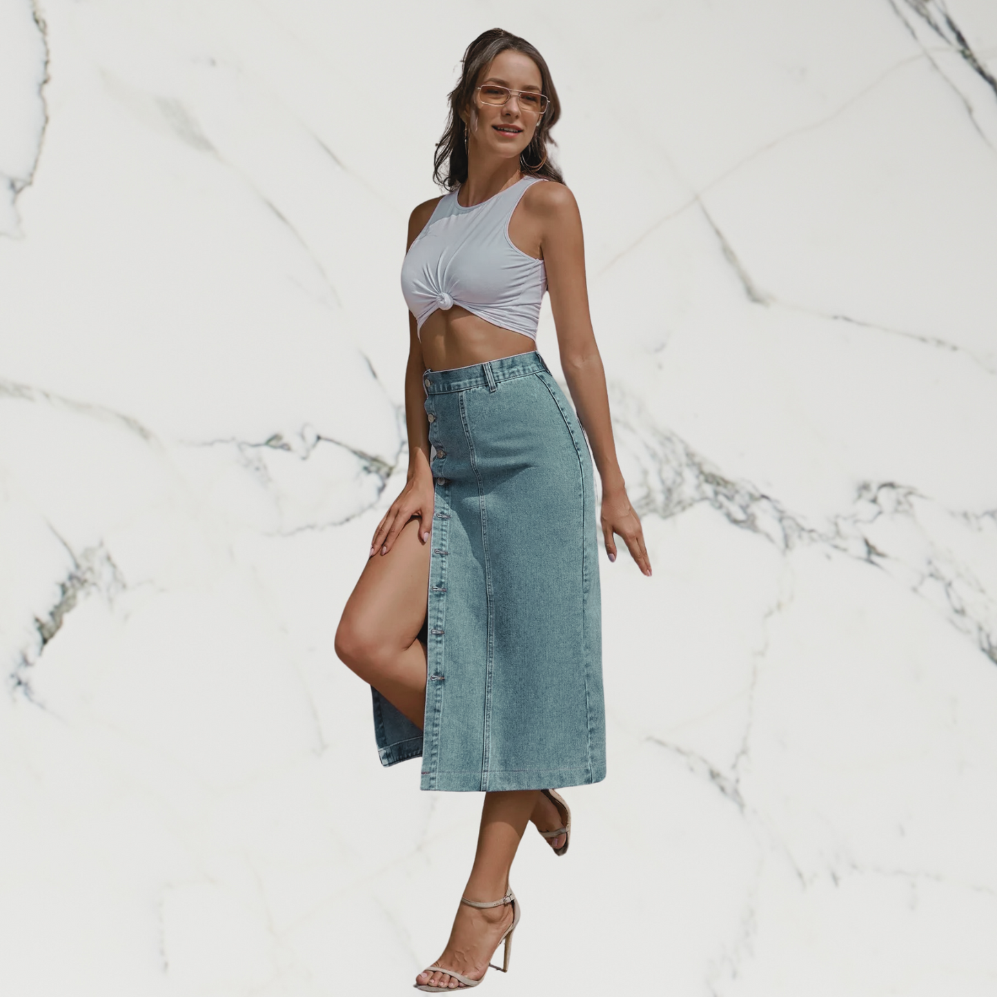 Button Irregular Slit denim High Waist Skirt