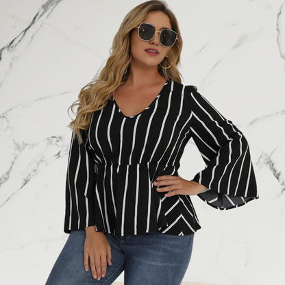 Long-sleeved V-neck Slim-fit Striped Blouse - Magic Moon Store