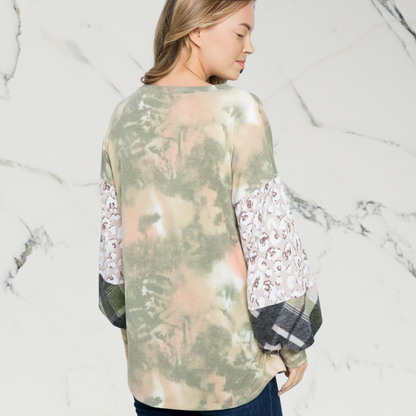 V-Neck  Printed Sleeve Tie-Dye Pullover