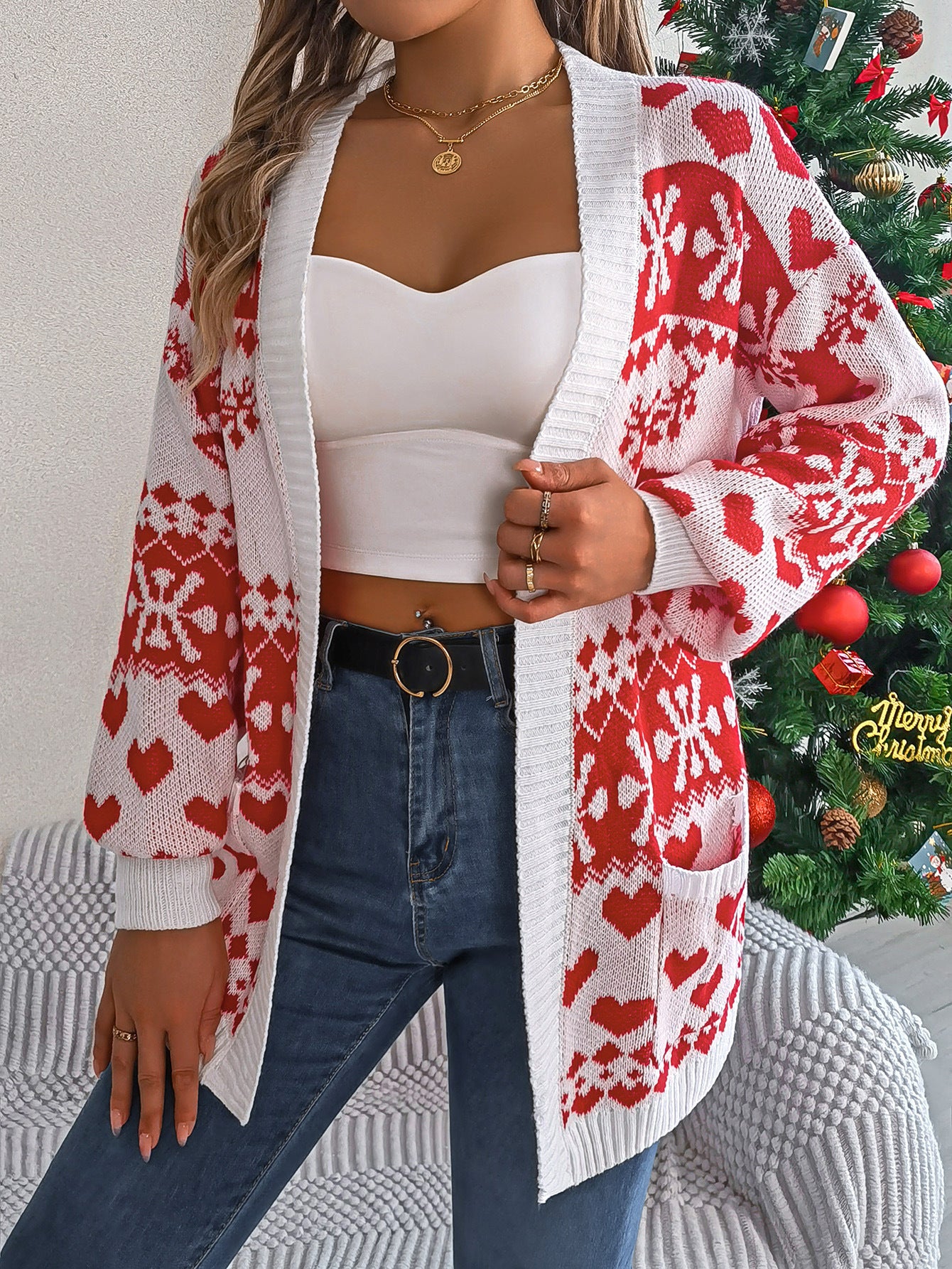 white Christmas Deer Pocket Long-sleeve Cardigan Sweater