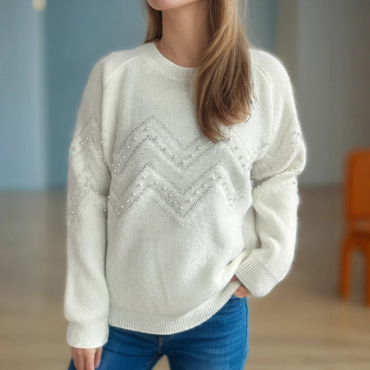 white Crew Neck Casual Long-sleeved Pearl Sweater