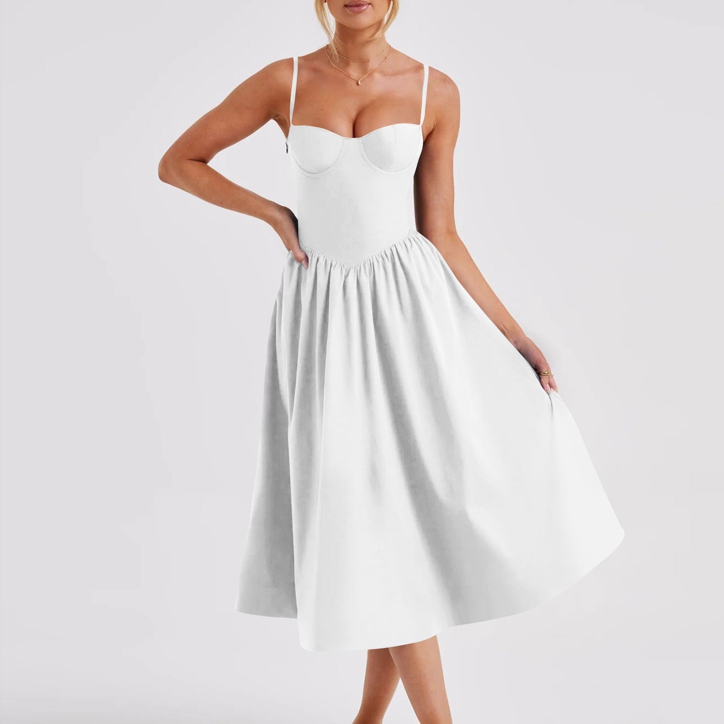 white French Retro Style Long Straps Dress