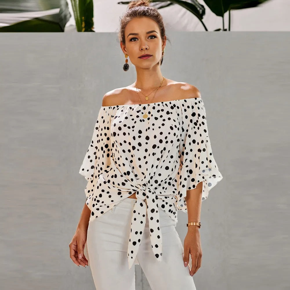 white Women Three-Quarter Sleeve Polka Dot Blouse