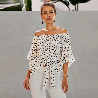 white Women Three-Quarter Sleeve Polka Dot Blouse