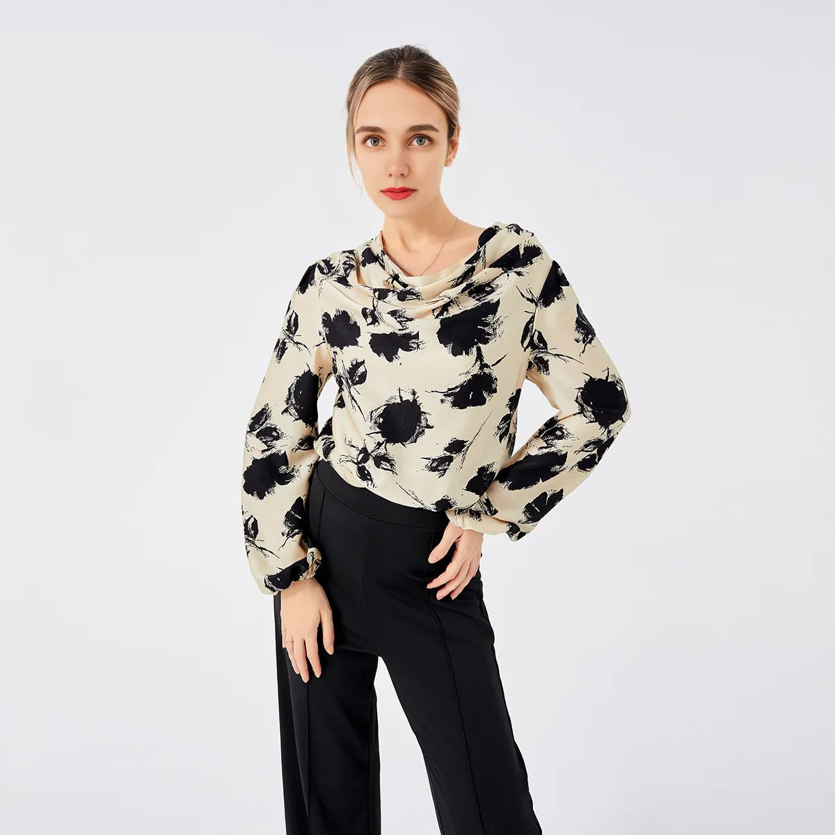 Ladies Print Front Drop Collar Blouse - Magic Moon Store