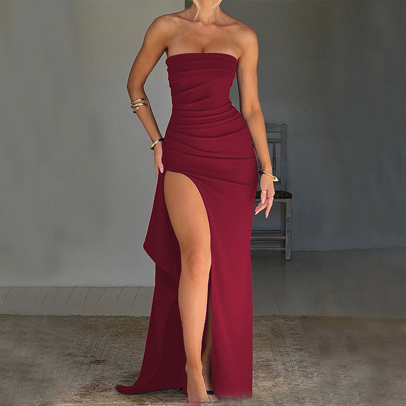 wine Strapless Split Long Pleated Dress