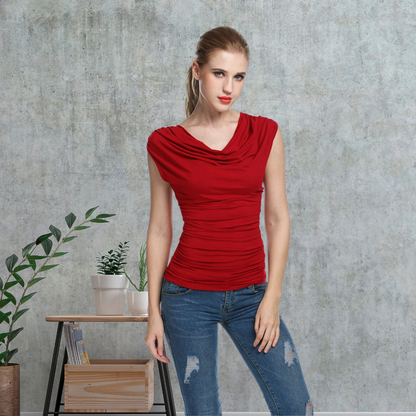 Round Neck Sleeveless Pleated Slim Fit T-Shirt