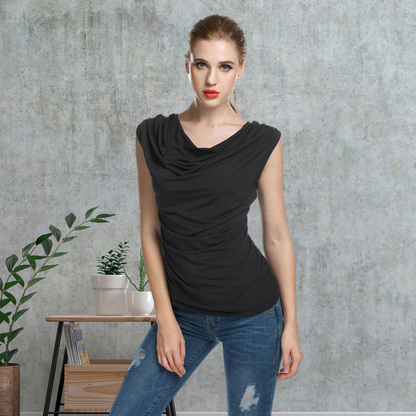 Round Neck Sleeveless Pleated Slim Fit T-Shirt